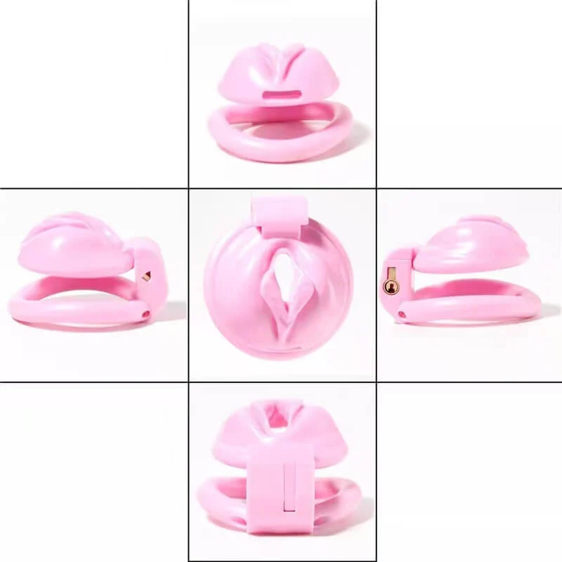 Pink Chastity Cage With 4 Rings Pussy Shaped - Image 3