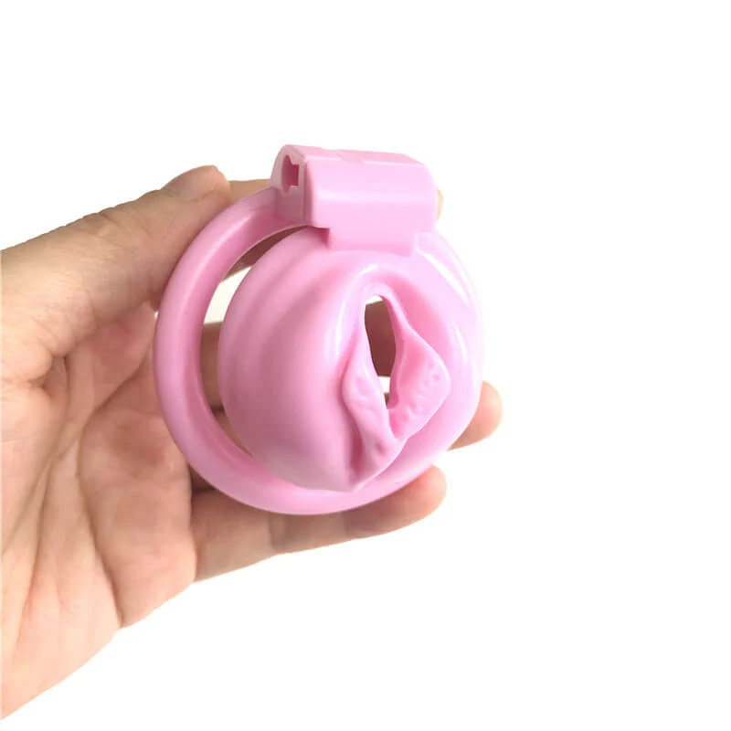 Pink Chastity Cage With 4 Rings Pussy Shaped - Image 4