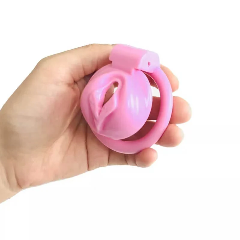Pink Chastity Cage With 4 Rings Pussy Shaped - Image 5