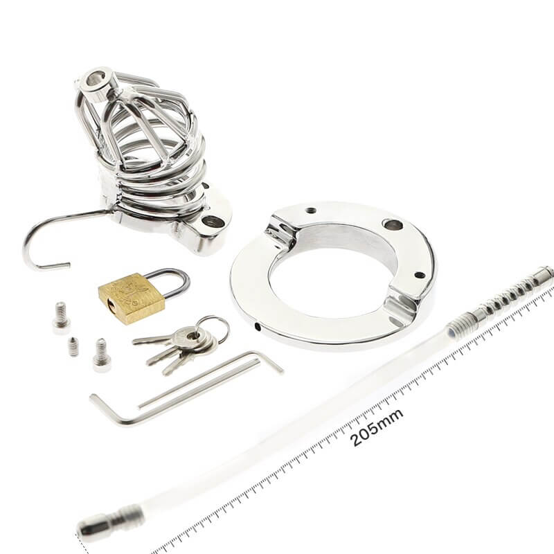 Stainless Steel Chastity Cage Ball Stretcher with Urethral Catheter Cock Cage - Image 7